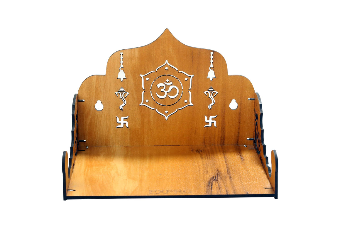 EXPRO Wooden Wall Mounted Pooja Mandir for Home & Office, Wooden Temple for Home Decor Hanging Pooja Stand for Idols | DIY (Do-It-Yourself) (Height 15 | OM Design 2)