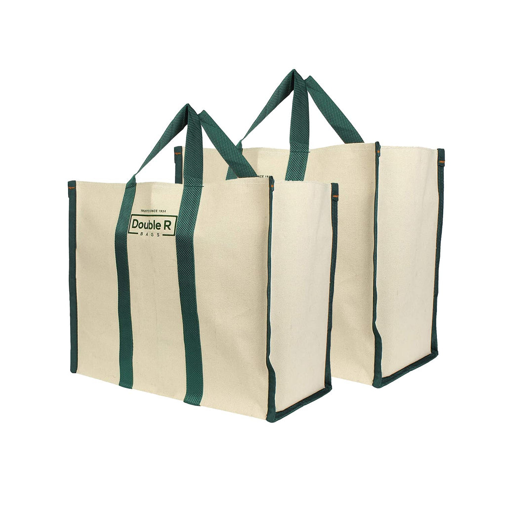 Double R Bags Women’s Eco-Friendly Cotton Canvas Shopper Tote Bag | Big Reusable Jhola Bag for Grocery, Milk, Fruits, Vegetables with Reinforced Handles | 43x21x35 cm, 1 Compartment (Green, Pack of 2)