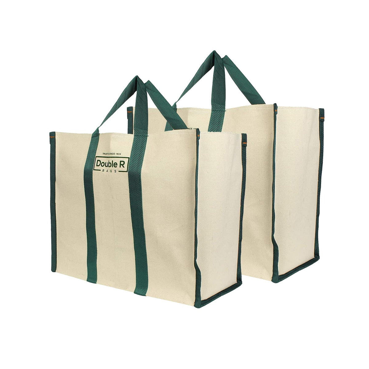 Double R Bags Women’s Eco-Friendly Cotton Canvas Shopper Tote Bag | Big Reusable Jhola Bag for Grocery, Milk, Fruits, Vegetables with Reinforced Handles | 43x21x35 cm, 1 Compartment (Green, Pack of 2)