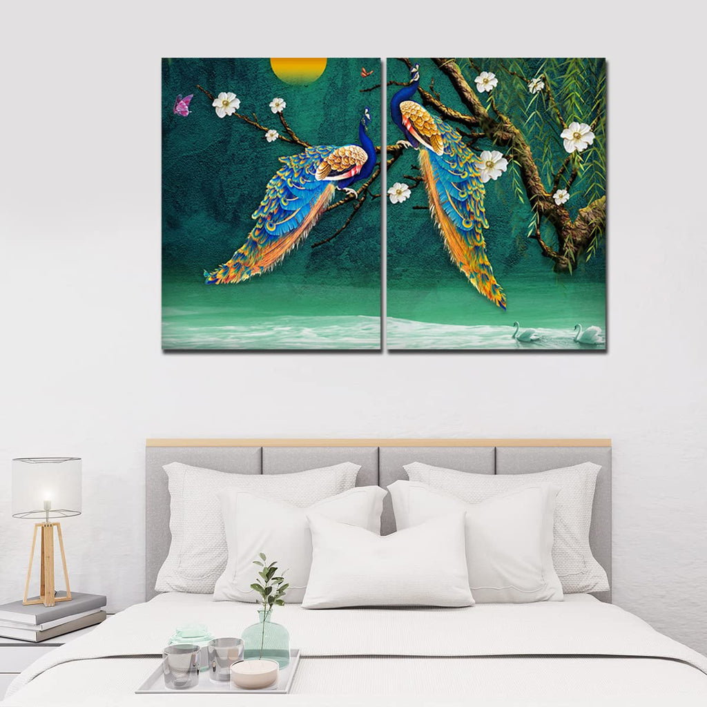 VIBECRAFTS 2 Pieces Beautiful Bird Couple In Forest Canvas Wall Painting Fitted With Wooden Frame For Home | Office | Living Room | Gifts(PTVC2Pcs1_17507)