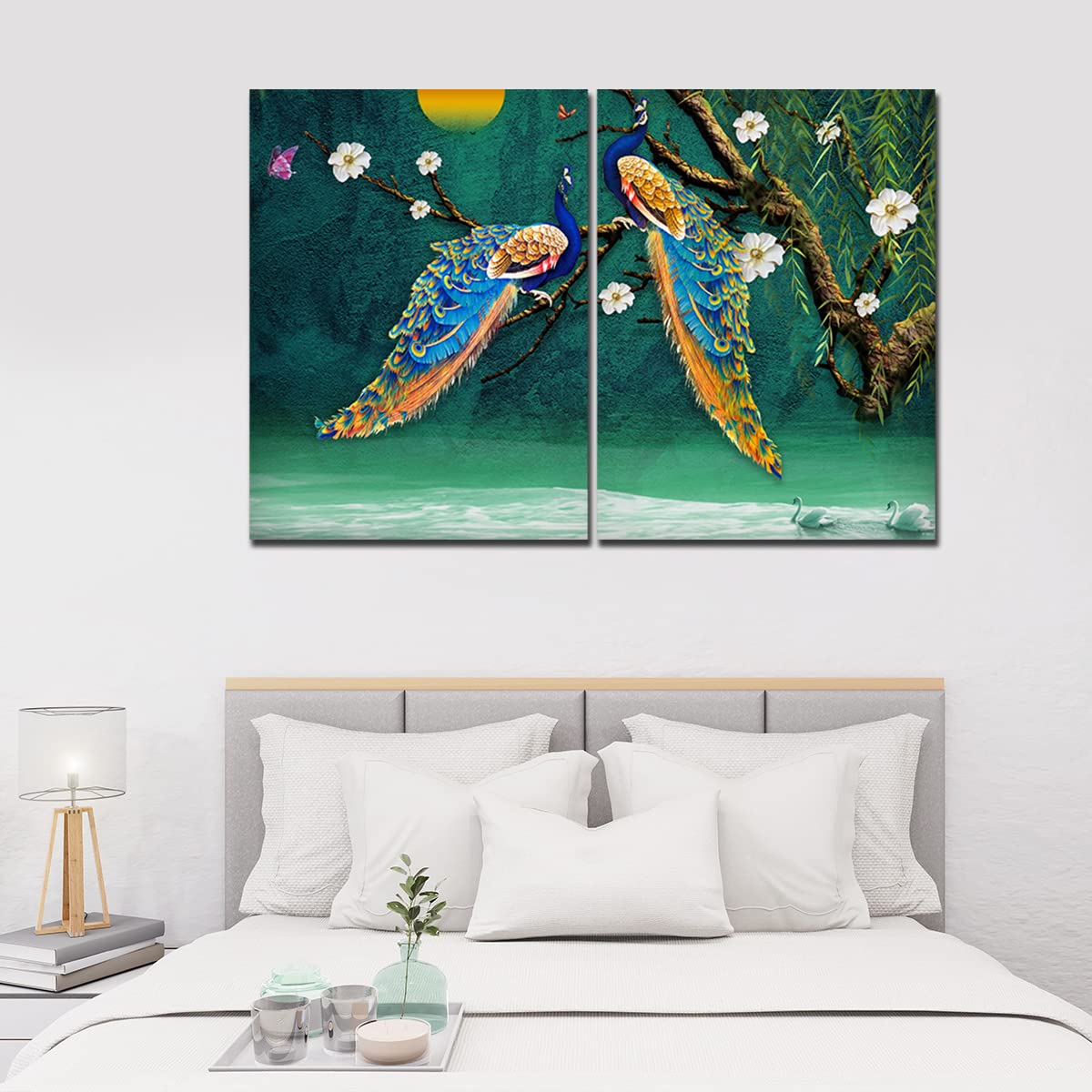 VIBECRAFTS 2 Pieces Beautiful Bird Couple In Forest Canvas Wall Painting Fitted With Wooden Frame For Home | Office | Living Room | Gifts(PTVC2Pcs1_17507)