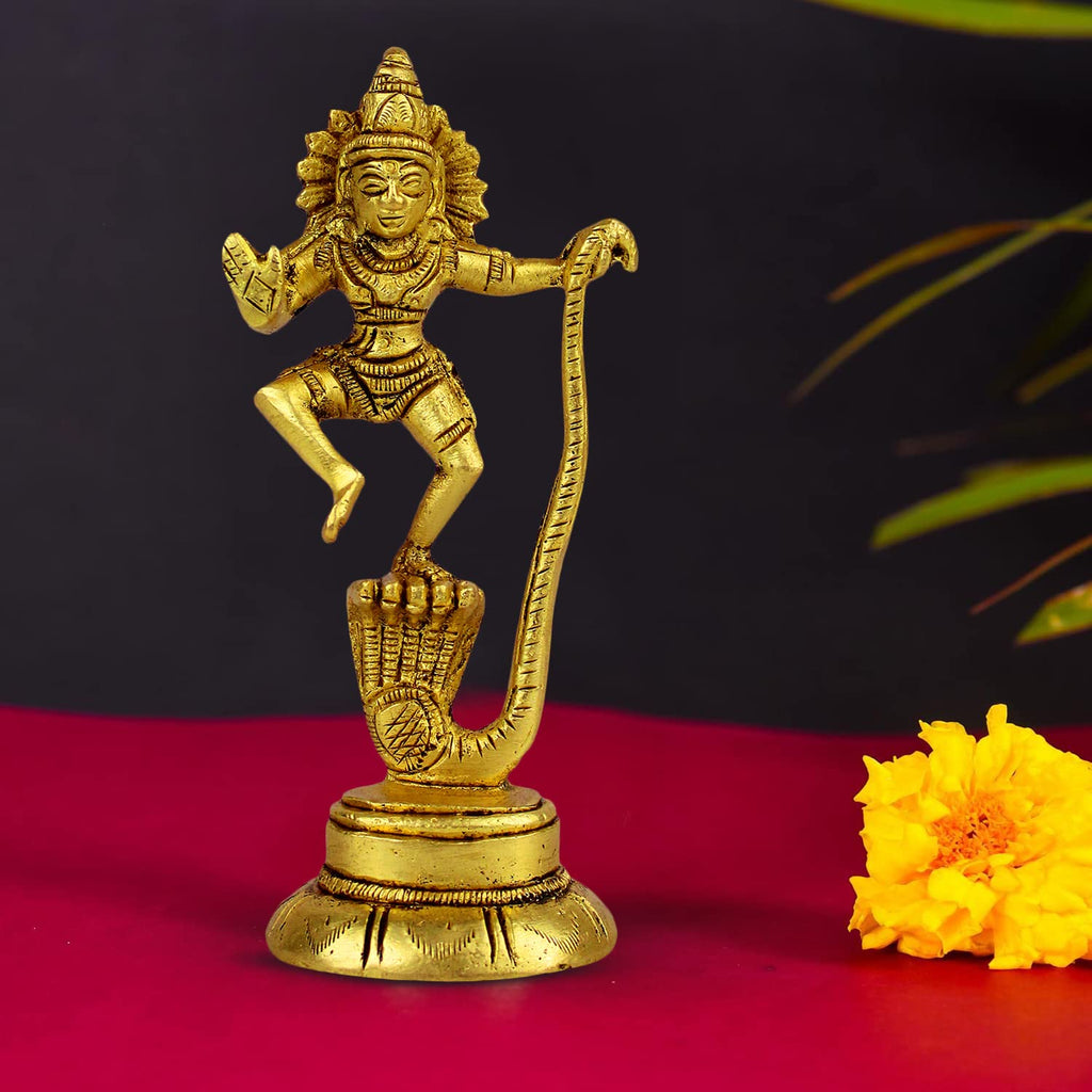 ARTVARKO Brass Dancing Krishna Statue Standing on Shesh Naag Hood Murti Vastu Religious Figurine for Mandir, Living Room, Office Table and Home Decor Gift Small 4 Inch