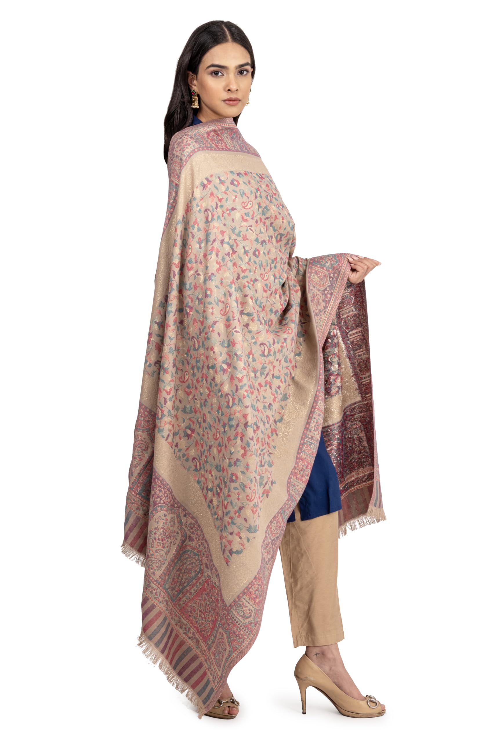 Naureen Women Faux Pashmina Kani Shawl with Mughal Artwork and Zari Accents, Warm and Soft, 40x80 inch