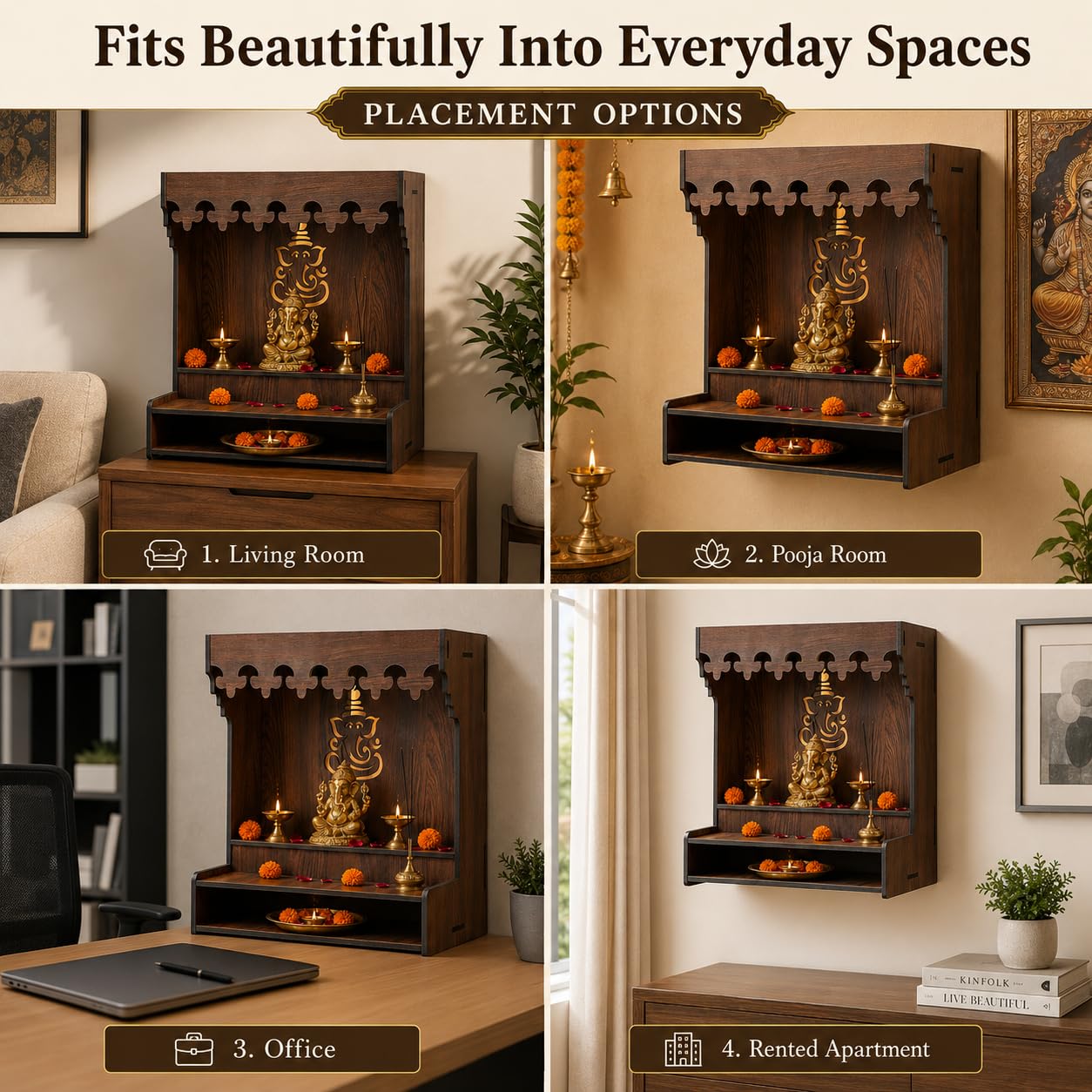 The Castle Decor Wooden Mandir for Home, Wall Hanging & Tabletop Pooja Temple with Ganesha Cutwork, 2-Tier Storage Shelf, MDF Mandir for Pooja Room, Office, Hostel, 13 x 15 x 8 Inch (Design-5)
