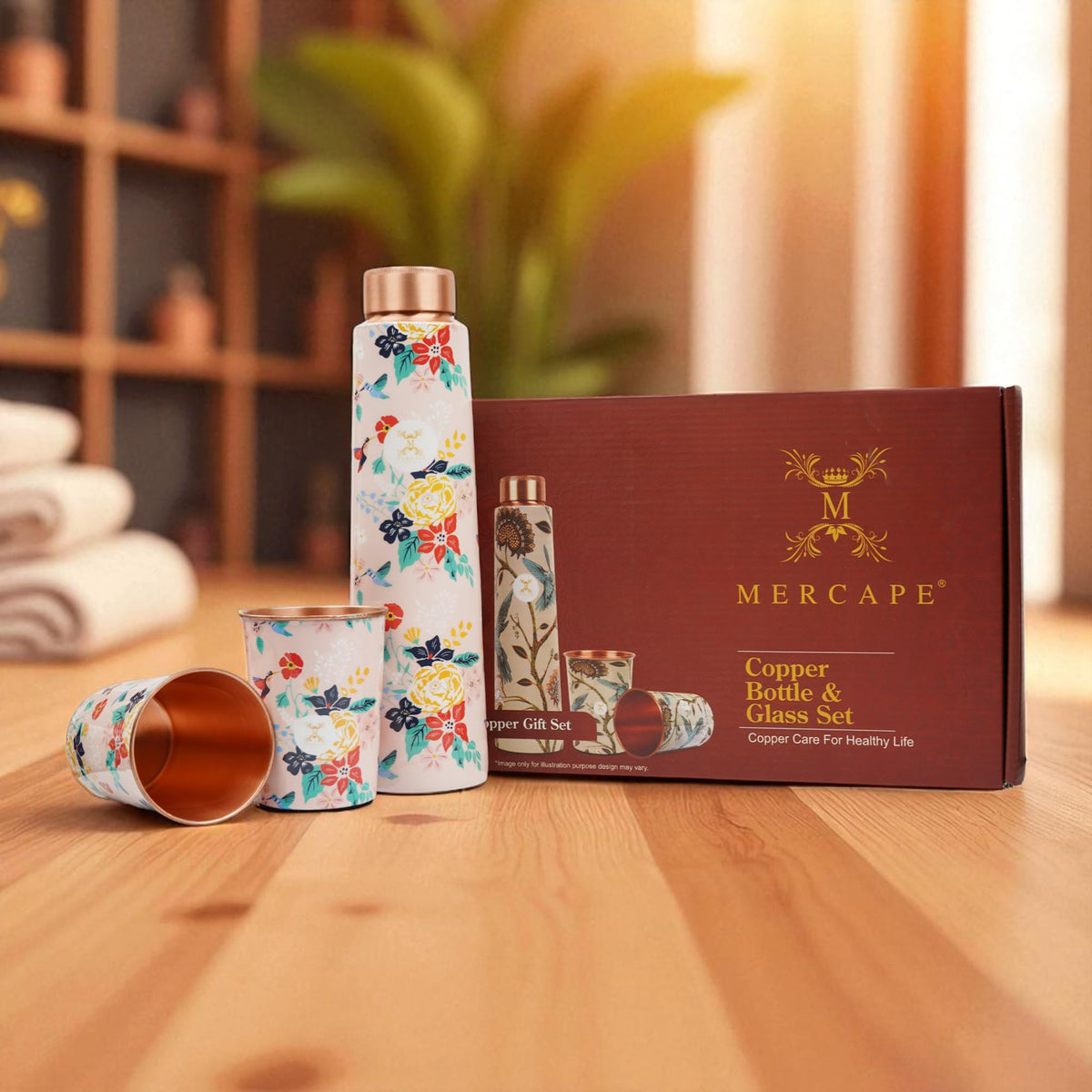 MERCAPE® Pure Copper Water Bottle Gift Set with 2 Copper Glasses (300 ml Each) | Floral Meena Print Design | Leak Resistant Screw Cap | Reusable Copper Drinkware Set | 900 ml