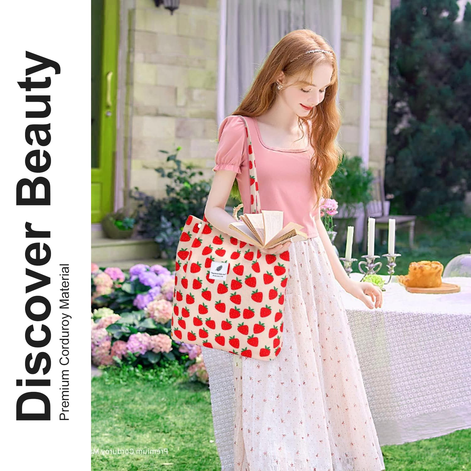 Street27 Women's Korean Canvas Corduroy Tote Bag Casual Work Shoulder Handbags | Multi-Purpose Bag |Sturdy Canvas Bag with Large Capacity | Shopping Bag for Office, College & Daily Use (Strawberry)