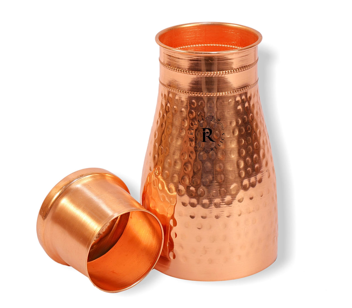 RUSTIC RELICS Hammered Copper Water Bottle Jar - 1L | With Inbuit Glass In Lid | Antique Hammered Design | Kitchen And Bedroom Sugar Water Pot