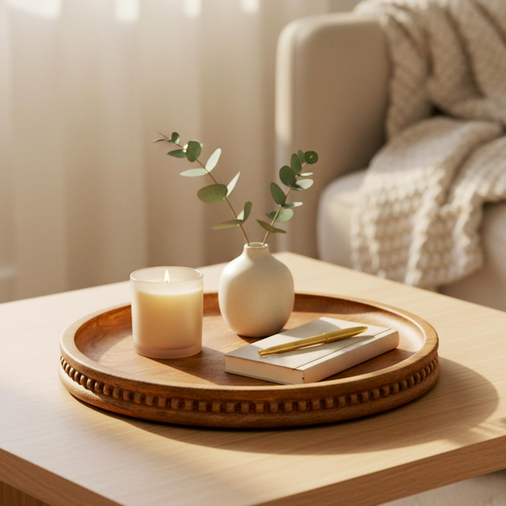 Serenz, Premium Decorative Round Acacia Wood Tray - Beaded Edge Design, Pack of 1, Perfect Small Candle Tray for Kitchen, Dining Room, Coffee Table & Home Decor