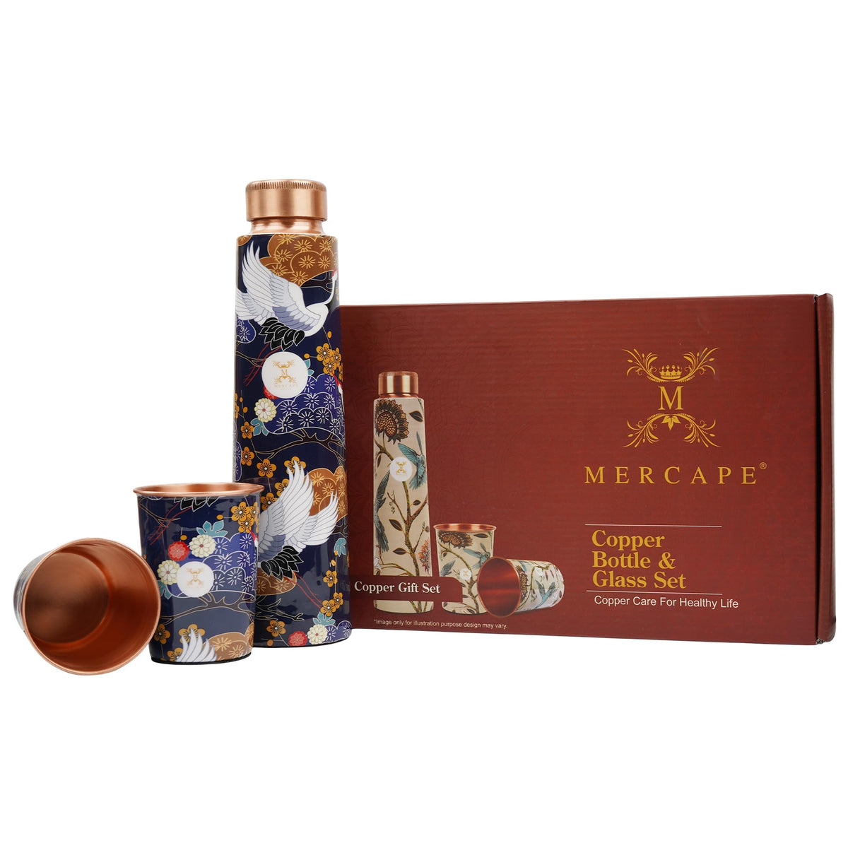 MERCAPE Pure Copper Water Bottle Gift Set 900 ml with 2 Copper Glasses (300 ml Each) | Printed Design | Leak-Resistant Screw Cap | Reusable Copper Drinkware Set for Home, Office & Gifting