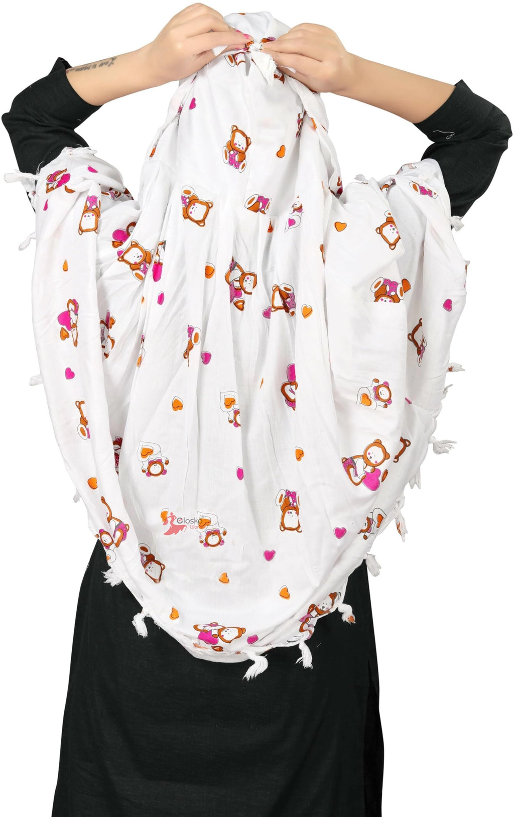 Vinsh Enterprise Cotton Female Long Scarf Cum Mask Scarves Usable for Vehicle Driver | White Printed Design | Universal Size | For Girl & Women | Soft & Breathable Sun Protection (TEDY BEAR)