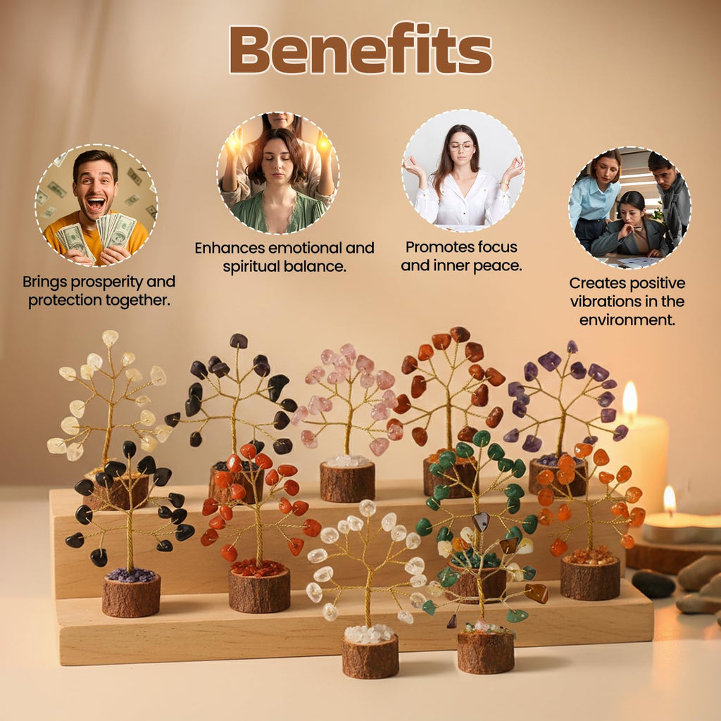 BHAGYA G Natural Crystal Mini Money Tree Set of 12 Crystal Trees with Different Gemstones for Good Luck Office and Home Decore Wealth Vastu Prosperity Decoration