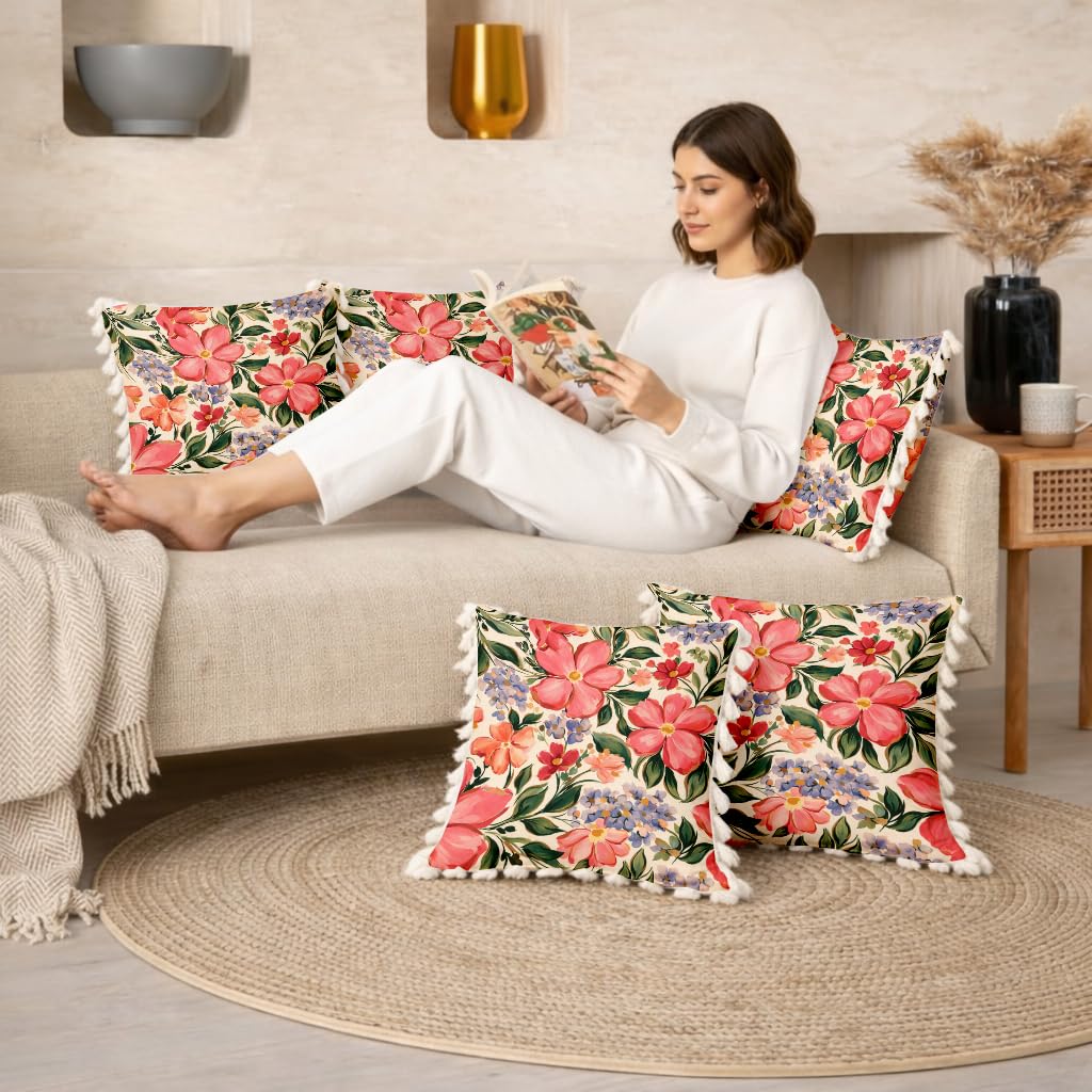 STITCHNEST 'Little Meadow Series' Tassled Cushion Cover | Set of 2 | Floral Cushion Cover 16 inch x 16 inch