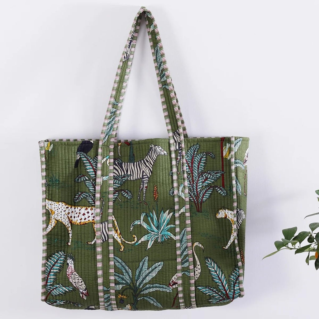 Pranipat Handicrafts Quilted Cotton Tiger Printed Pink Reversible Large Grocery Shopping Tote Bag - Versatile and Fashionable Tote for Shopping and Daily Essentials (Green-Regular)