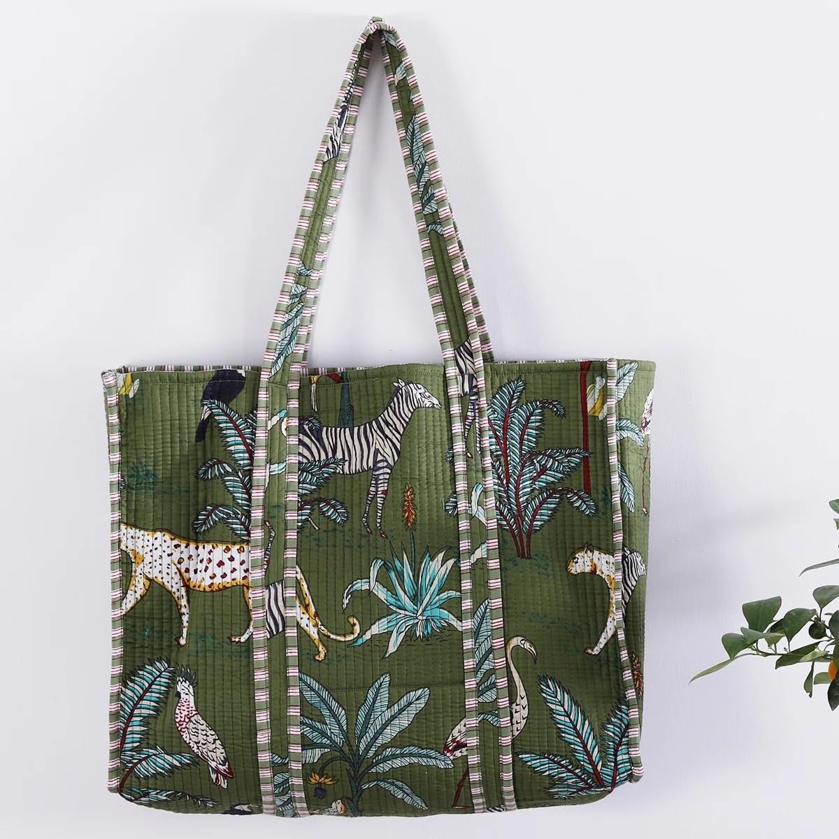 Pranipat Handicrafts Quilted Cotton Tiger Printed Pink Reversible Large Grocery Shopping Tote Bag - Versatile and Fashionable Tote for Shopping and Daily Essentials (Green-Regular)