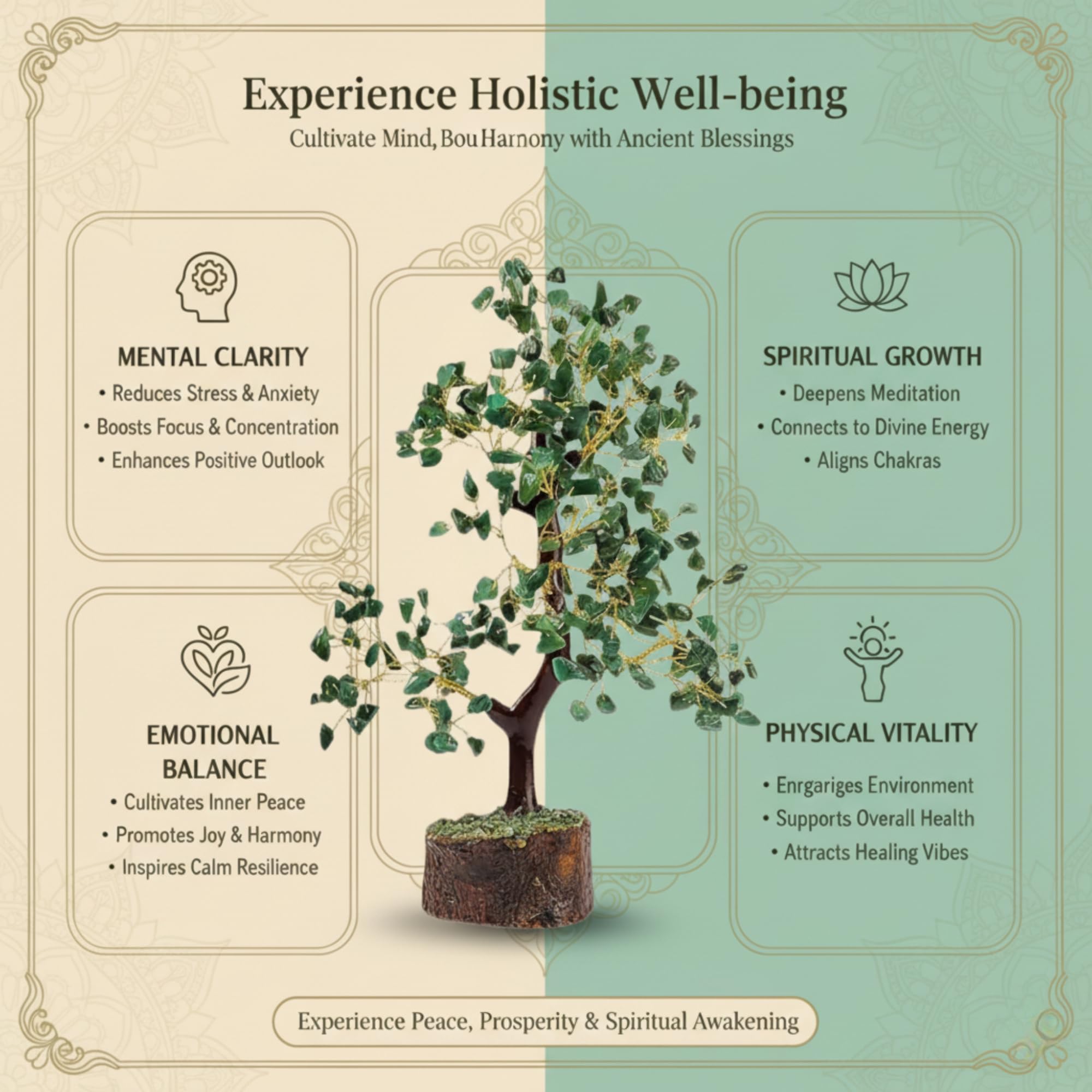 CALMINDS Green Aventurine Crystal Wooden Tree | Natural Luck & Prosperity Gemstone Bonsai with Wooden Base | Crystal Tree for Positive Energy | Good Luck Tree