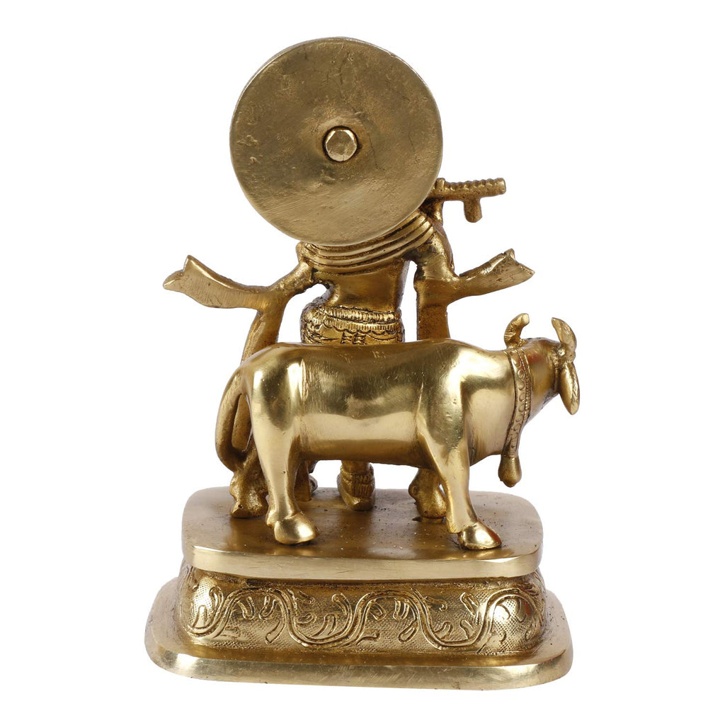 SVARUP Brass Krishna Bhagwan Idol with Gau MATA in Gold Color Height 6.5 Inch