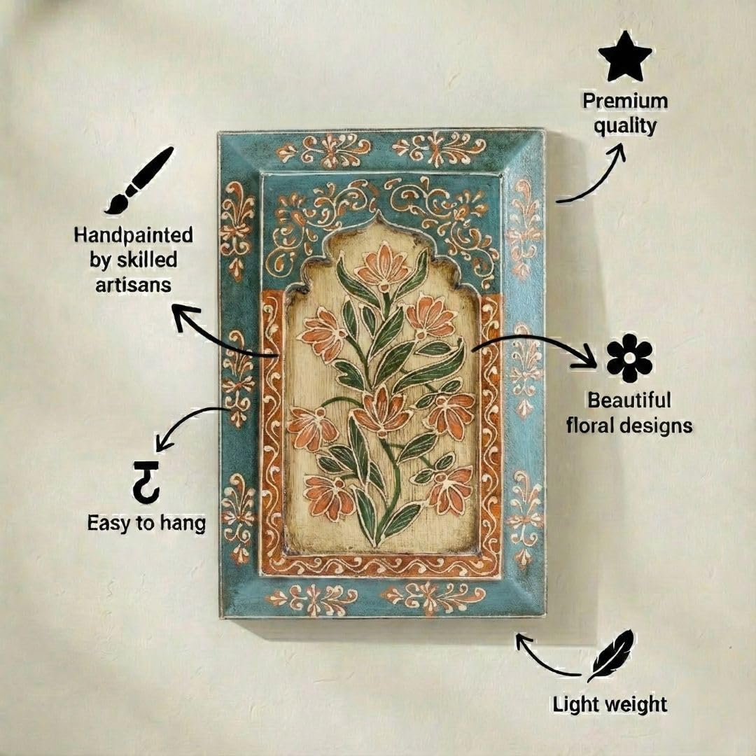 ATRANGI STUDIO Handpainted Wooden Wall Frame | Rajasthani Traditional Craft | Decorative Floral Wall Hanging Art for Living room, Bedroom, Office | 12×8 Inch, Touquoise