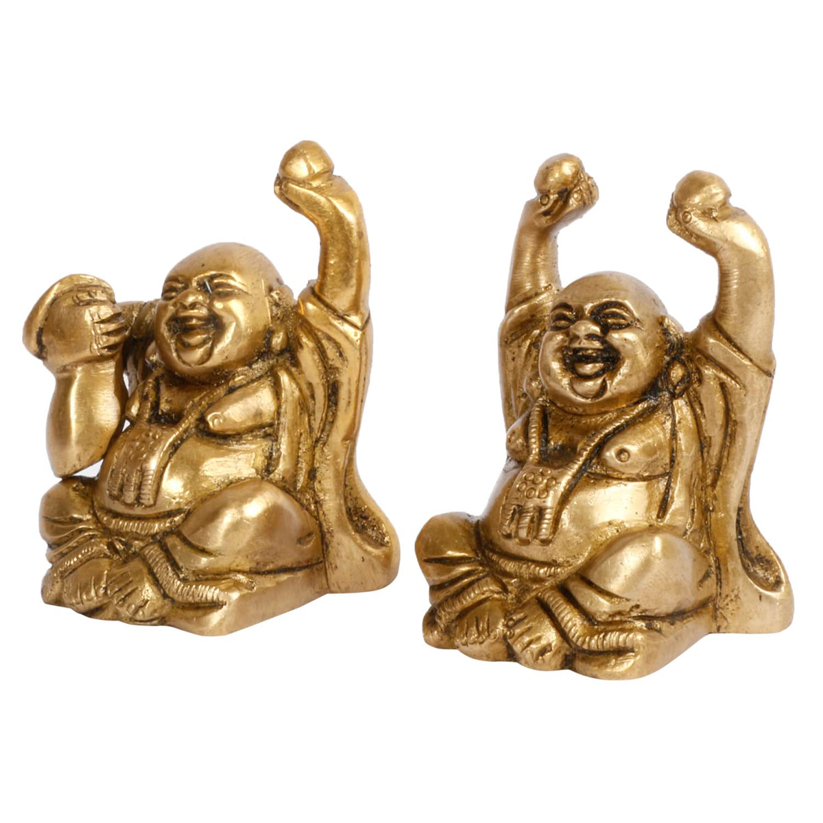 ARTVARKO Brass Feng Shui Chinese Happy Man Set (2 Pcs) Laughing Buddha Golden Statue for Money, Wealth & Good Luck, Decorative Idol Showpiece for Home Decoration Small 6 cm
