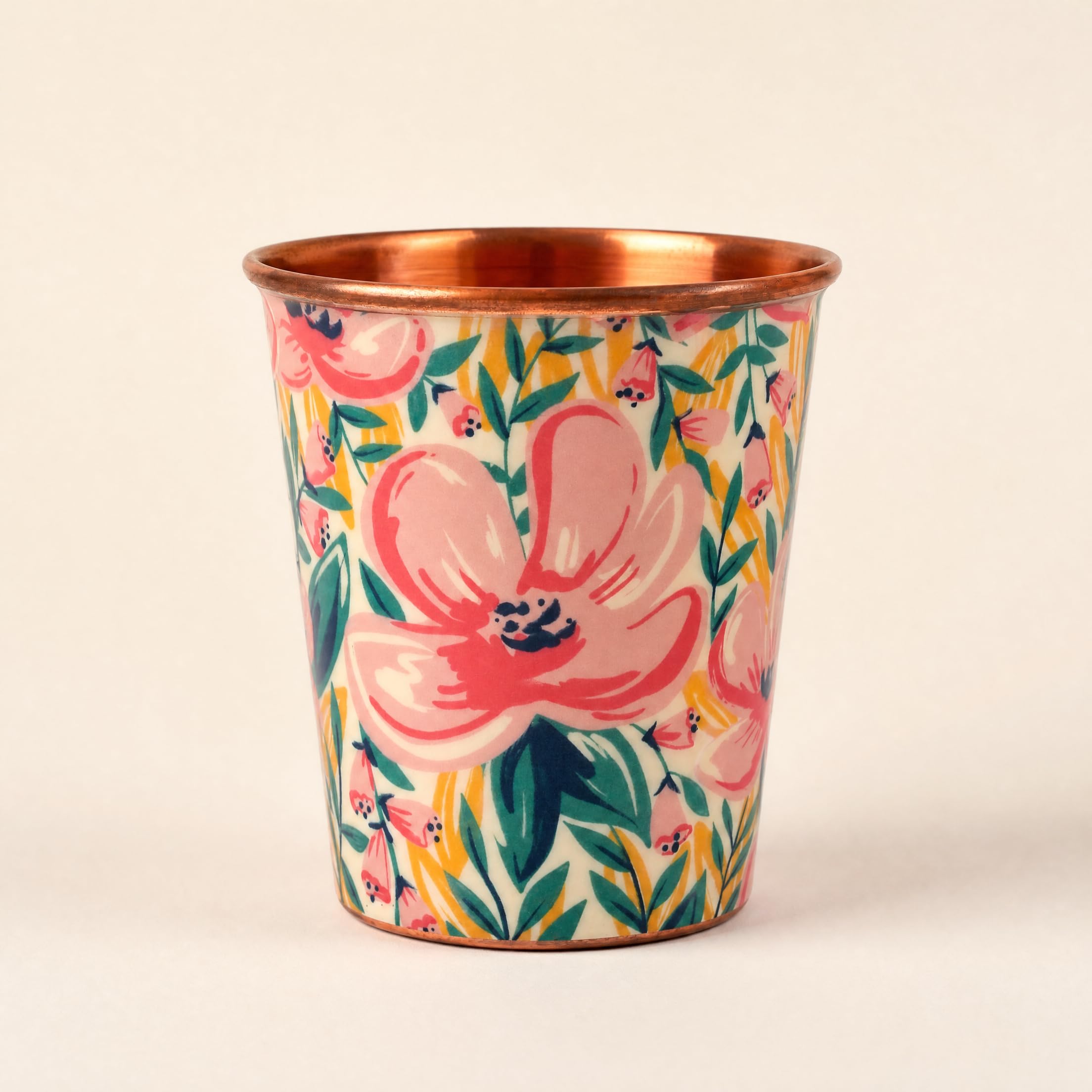 Chumbak Tropical Lilies Copper Tumbler – Small, 275ml Capacity, Hand-Painted Floral Design, Pure Copper Drinkware, Corrosion-Resistant, Ideal for Water Storage & Home Décor Gift