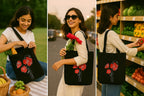 MASQ By Q-One Embroidered Poppy Flower Canvas Large Utility Tote Bags For Women With Zip, College Bag For Girls, 100% Organic Cotton Tote Bag For Traveling & Daily Use Gifts For Women And Girl