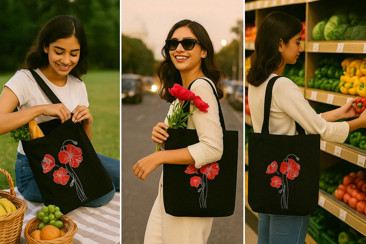 MASQ By Q-One Embroidered Poppy Flower Canvas Large Utility Tote Bags For Women With Zip, College Bag For Girls, 100% Organic Cotton Tote Bag For Traveling & Daily Use Gifts For Women And Girl