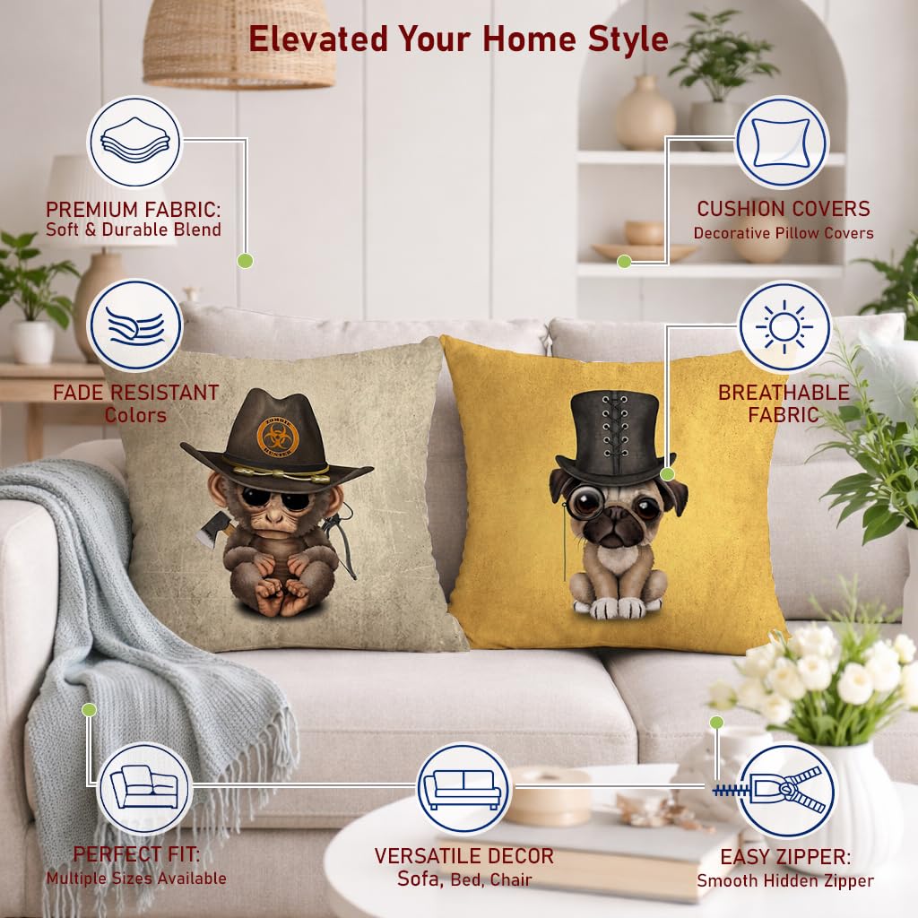 STITCHNEST Set of 2 Funky Friends Collection Printed Jute Cushion Covers 24x24 Inches | Decorative Throw Pillow Covers for Sofa, Living Room, Bedroom | Perfect for Home Decor