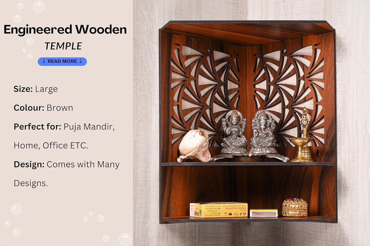 GOJEEVA KRAFT Engineered Wood Hand Crafted Carved Pattern Home Temple for Idols Temple for Home and Office I Premium Ganesh Ji Carved | Set Top Box Stand I Wooden Mandir (Pack of 1) (Medium)