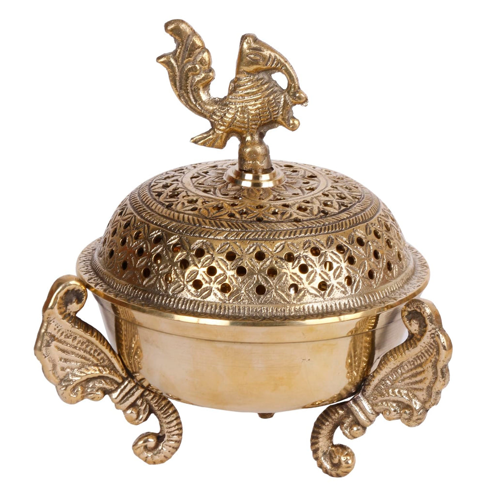 Artvarko™ Brass Peacock Incense Loban Holder Dhuna Charkol Dhoop Dani Aarti Loban Burner Purifying with Stand for Home Office Temple God Puja (6x6x6.5 Inches)
