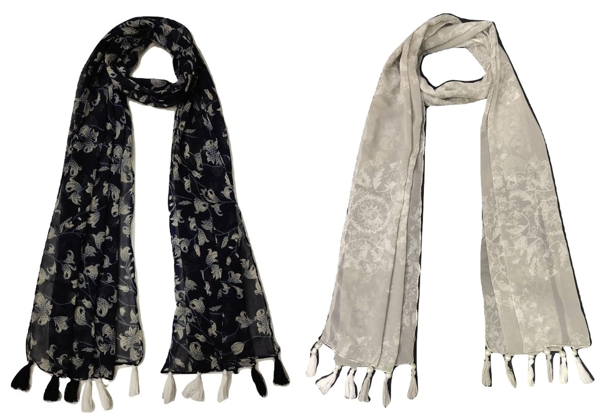 StoleVilla™ Women's Printed Chiffon Multicolored Scarf and Stoles with Tassels - Set of 2 (ST064)