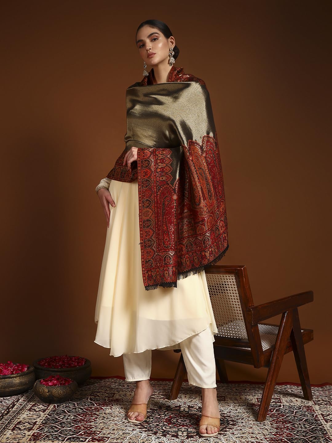 Pashmoda Women Zarvash Fine Wool Kaani Shawl, Authentic Kashmiri Luxury Pashmina Style Shawl, Stole, Medium Gents Lohi, Size (40x80 Inches, Maroon Color) ZSS06