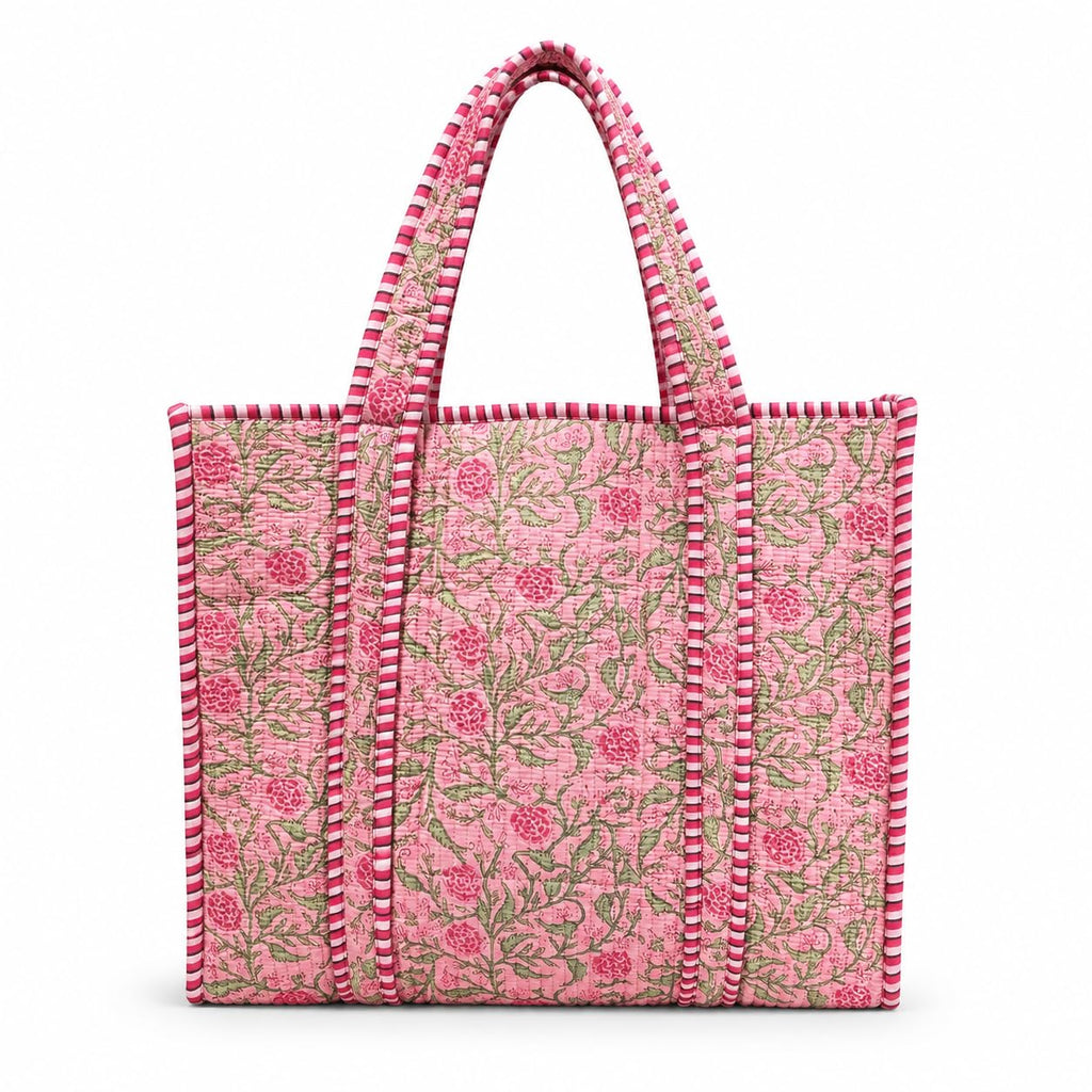 Floral Aesthetic Quilted Cotton Tote Bag, Office Travel Shopping Carryall