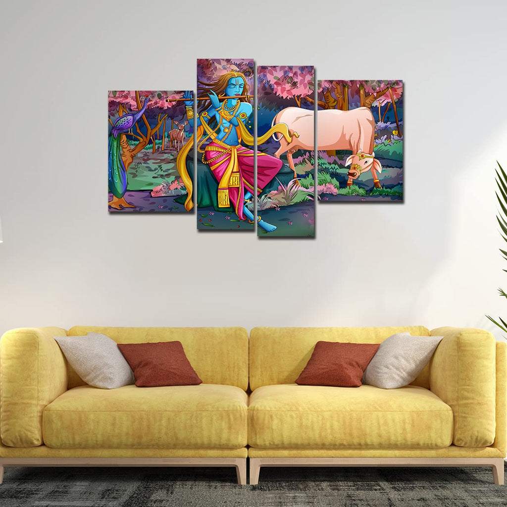 VIBECRAFTS Shree Krishna Playing Flute In The Forest 4 Pieces Canvas Wall Painting Fitted With Wooden Frame For Home | Office | Living Room | Gifts (PTVC4Pcs2_14504)