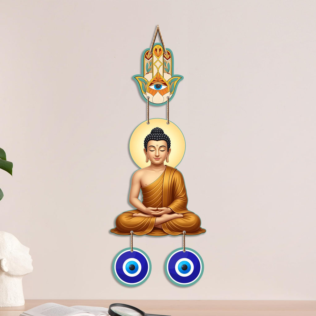 Artvibes Meditating Buddha Wall Hanging with Hamsa Hand and Evil Eye Protection Charm | Spiritual Home Decor for Meditation and Mindfulness | Decorative Hanging for Living Room | Yoga Space (WH_8599N)