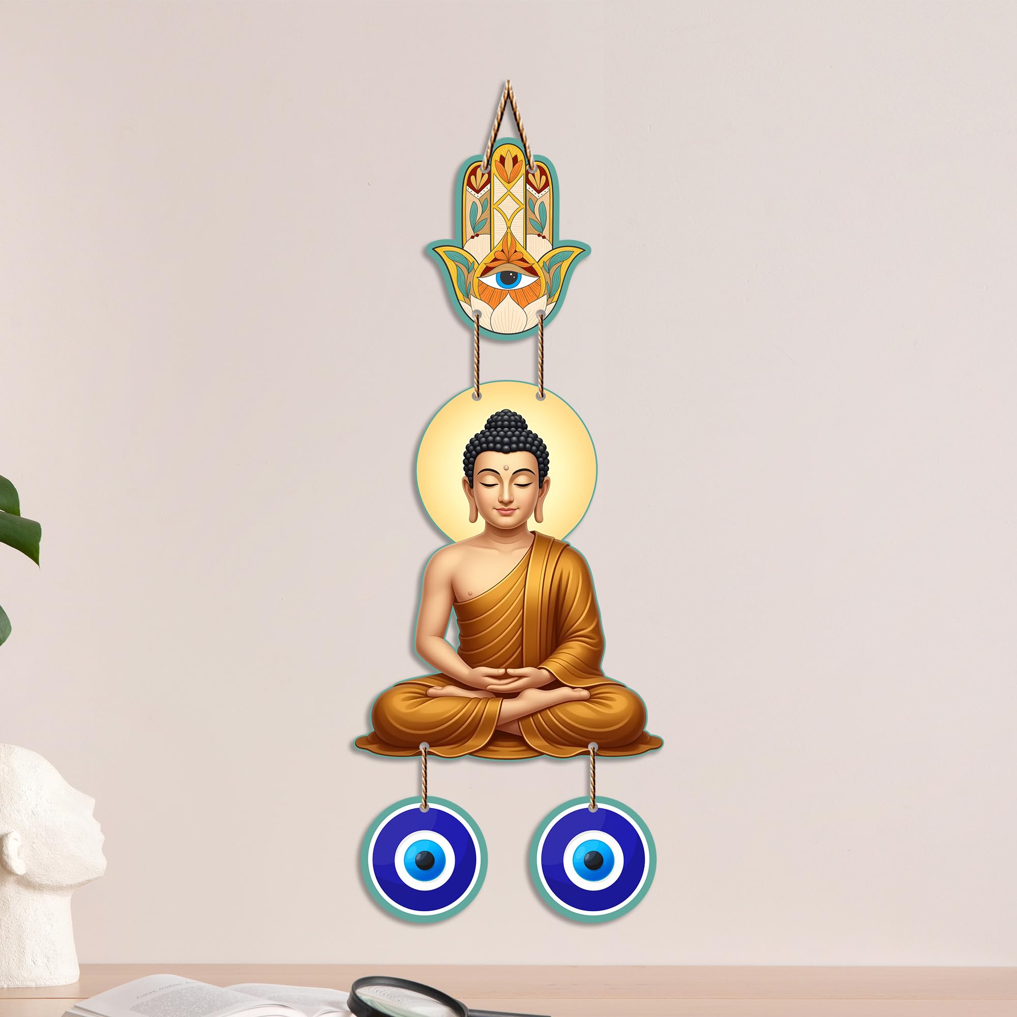 Artvibes Meditating Buddha Wall Hanging with Hamsa Hand and Evil Eye Protection Charm | Spiritual Home Decor for Meditation and Mindfulness | Decorative Hanging for Living Room | Yoga Space (WH_8599N)
