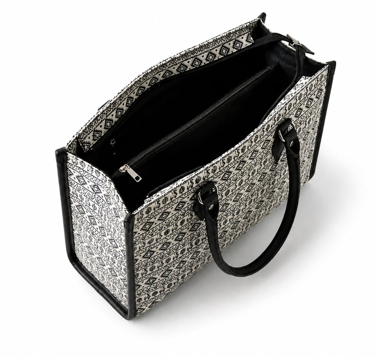 Designer Black Ethnic Geometric Tote Bag, Cotton Canvas with Faux Leather Handles, 36L x 12W x 24H cm, Top Zipper Closure, 2 Compartments