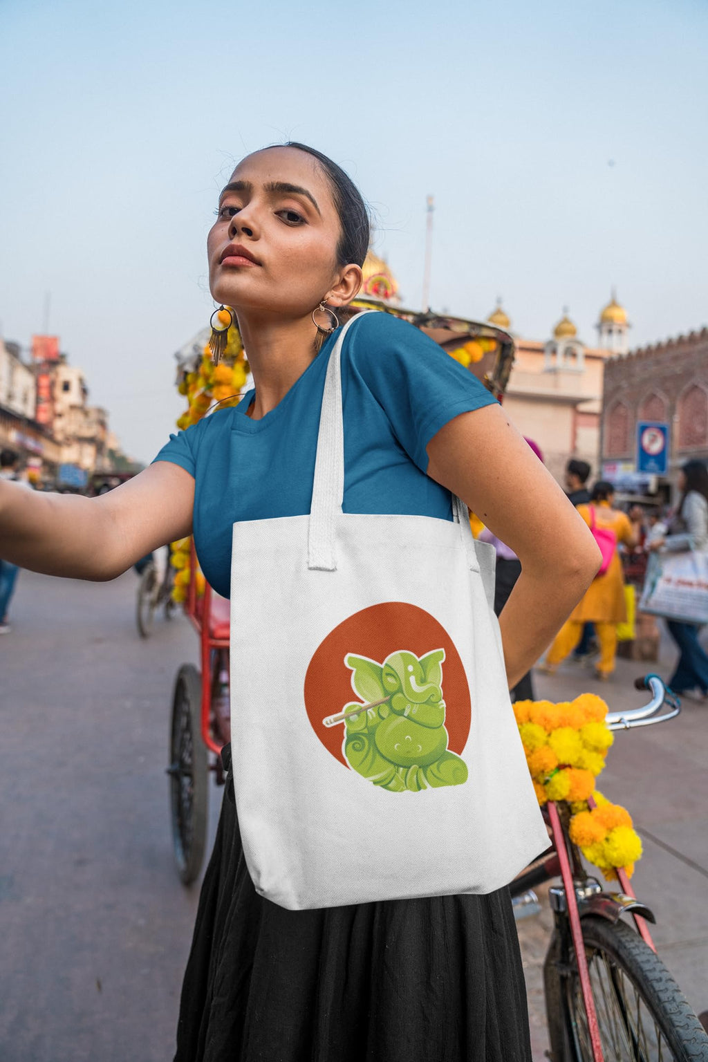 Green Ganesha - Canvas Tote Bag With Zipper by Anantakala (Eco-friendly Shopping Bag, Made of Cotton, Digital Print, Reusable, Washable)