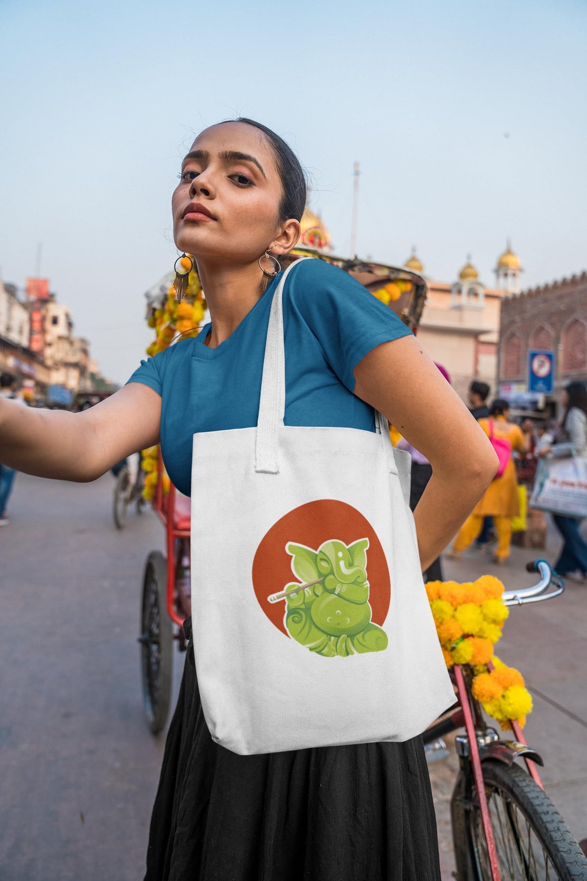 Green Ganesha - Canvas Tote Bag With Zipper by Anantakala (Eco-friendly Shopping Bag, Made of Cotton, Digital Print, Reusable, Washable)
