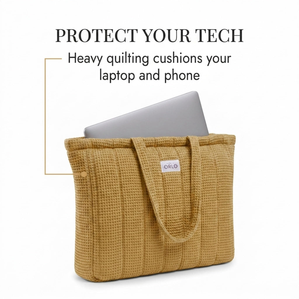 HOUSE OF ORLO Women's Cotton Quilted Aesthetic Tote Bags,Waffle Weave Handmade with Zipper & Double Handles for Women & Girls,Daily Use Handbag for College/Travel/Work (Beige)