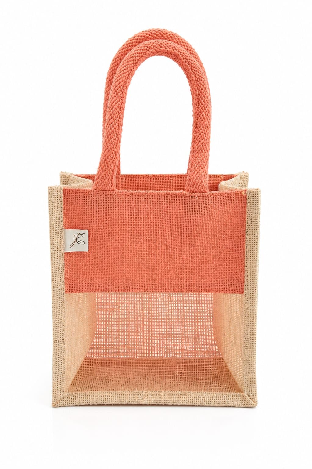 Small Jute Tote Bag with Mesh Window Panel, Natural Beige, Rope Handles, Gift Bag (Red) (Size -10 * 8 * 5)