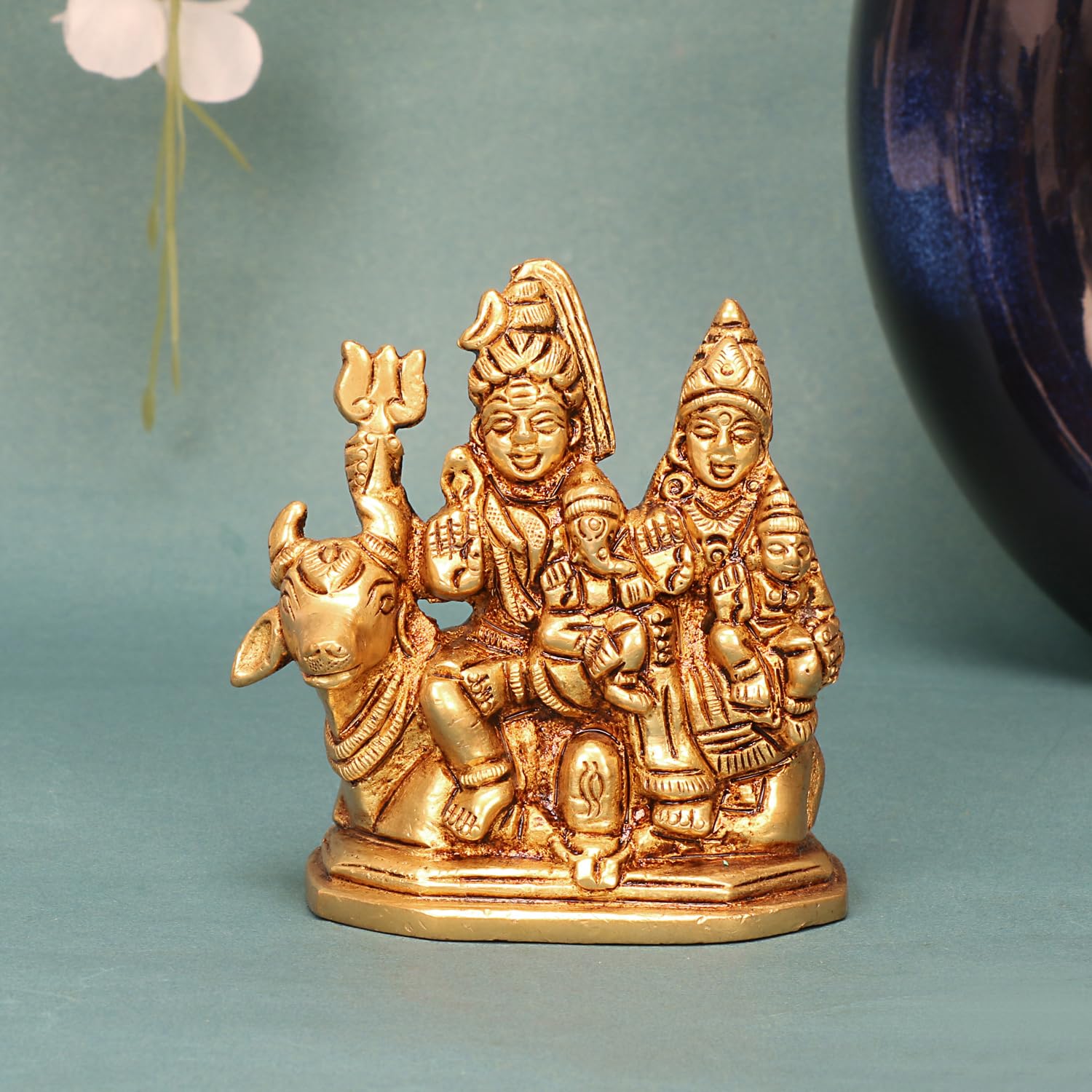 ARTVARKO™ Brass Lord Shiva Parvati Kartikeya and Ganesha Murti Shiv Family Parivar with Shivling Nandi Idol Gold Color Small Size 3 Inch.