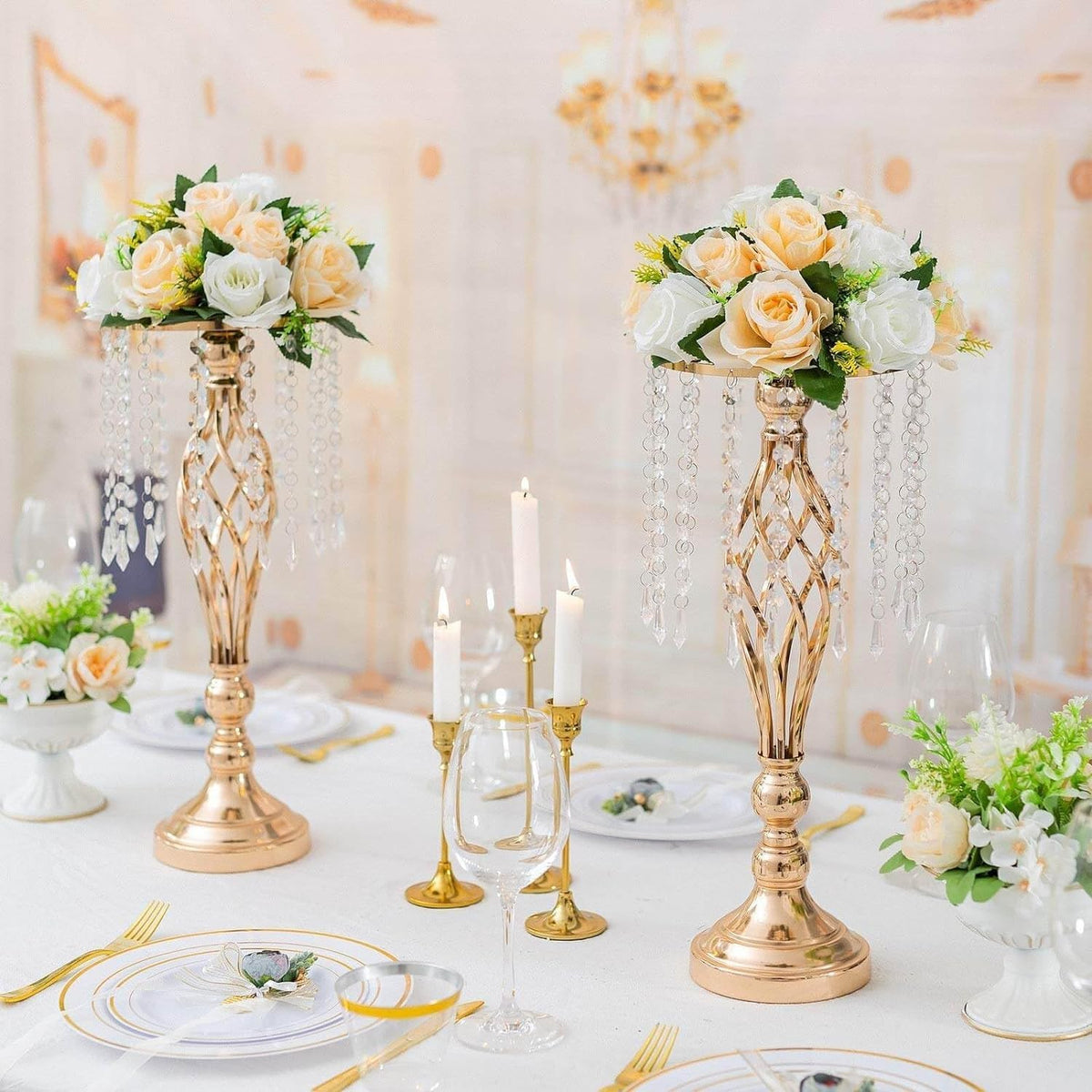 DOYKLI Crystal Flower Candle Holder Stand,Golden Crystal Candle Holder Stand for Table Centerpieces,Table Wedding Flower Vase, Candlesticks Home Decor