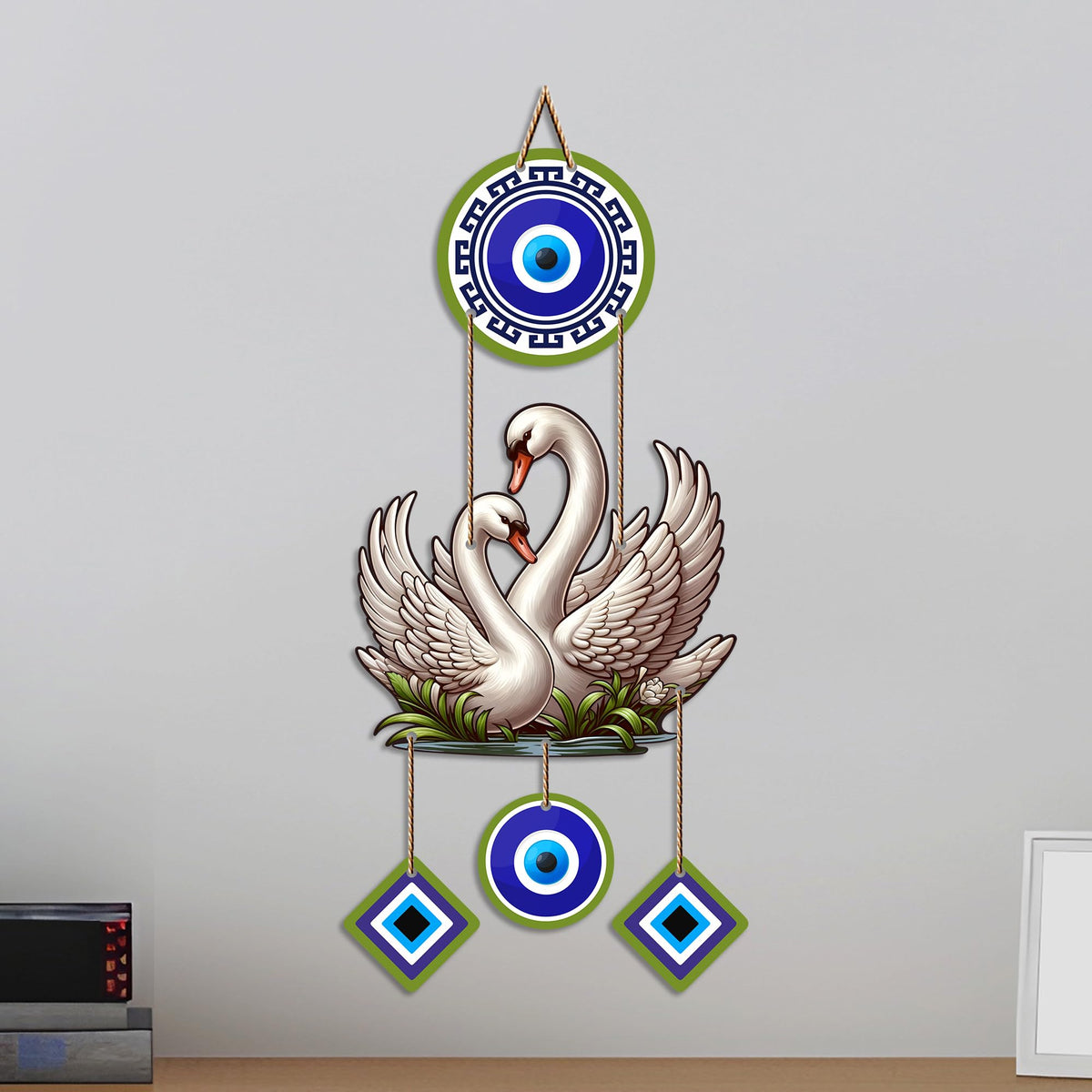Artvibes White Swan Couple Evil Eye Wall Hanging for Home Entrance & Main Door | Decorative Nazar Battu Vastu Decor for Living Room | Bedroom | Love Harmony Positive Energy Wall Accent (WH_85128N)