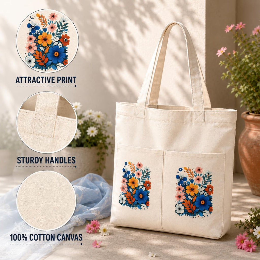 Suryatra Wildflower Bouquet Canvas Tote Bag for Women & Men | Premium Cotton Canvas Shoulder Bag with Dual Front Pockets | Tote Bag for Office, College, Shopping & Travel | Natural | 14 x 16 Inches