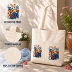 Suryatra Wildflower Bouquet Canvas Tote Bag for Women & Men | Premium Cotton Canvas Shoulder Bag with Dual Front Pockets | Tote Bag for Office, College, Shopping & Travel | Natural | 14 x 16 Inches