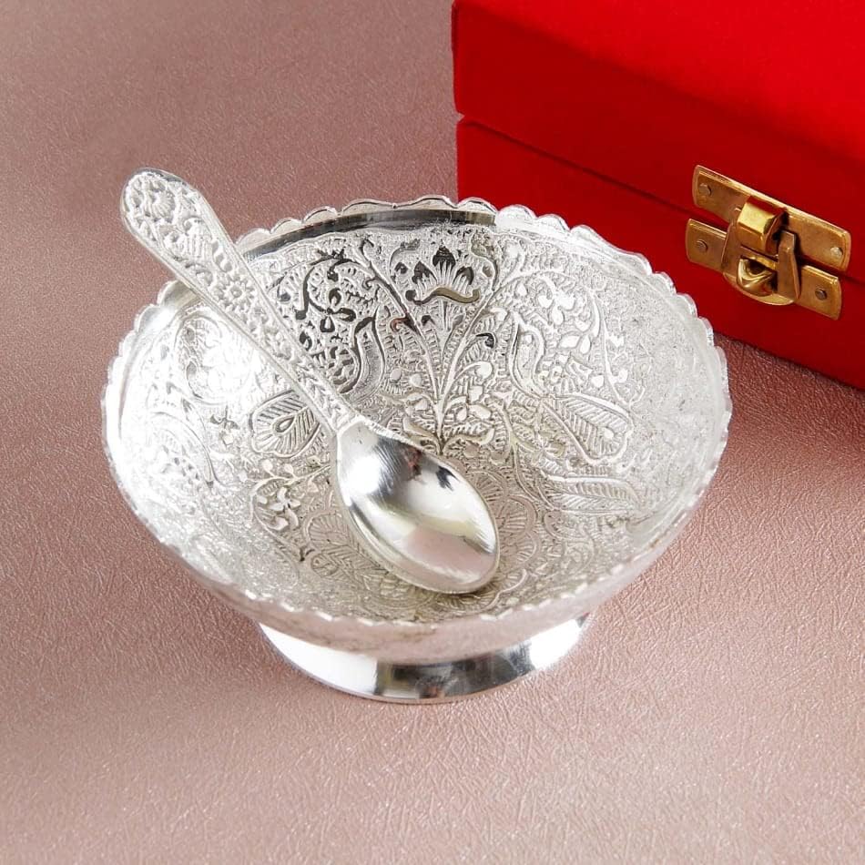 R Ayurveda Copper Metal Floral Dessert Bowl with Spoon Silver Plated in Gift Box for Wedding Home Decor Birthday Housewarming Festival Occassion Bowl Size 3.75 inches Box Size 4.75x4.75x2.25 inches