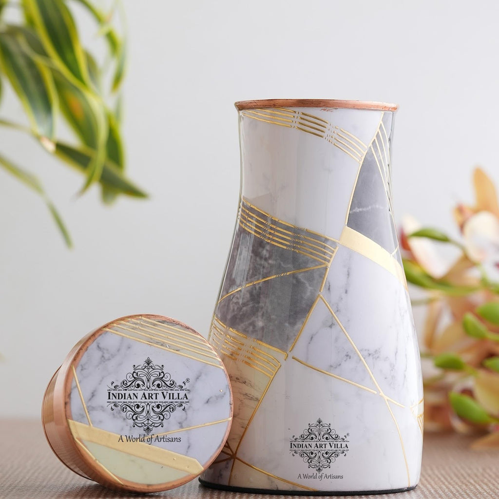 INDIAN ART VILLA Gold Marble Print Copper Water Bedroom Bottle, Designer Copper Drinkware, Volume- 950 ML