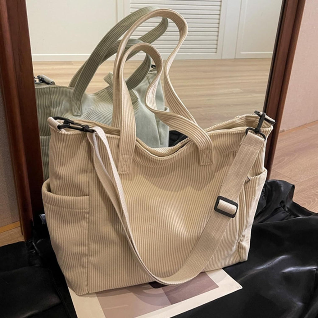 Kawn Corduroy Tote Bag for Women and Girls, Crossbody Big-Capacity Purse with Adjustable Strap, Shoulder Hobo Handbag for Travel and Everyday Use with Inner Pocket (Beige)
