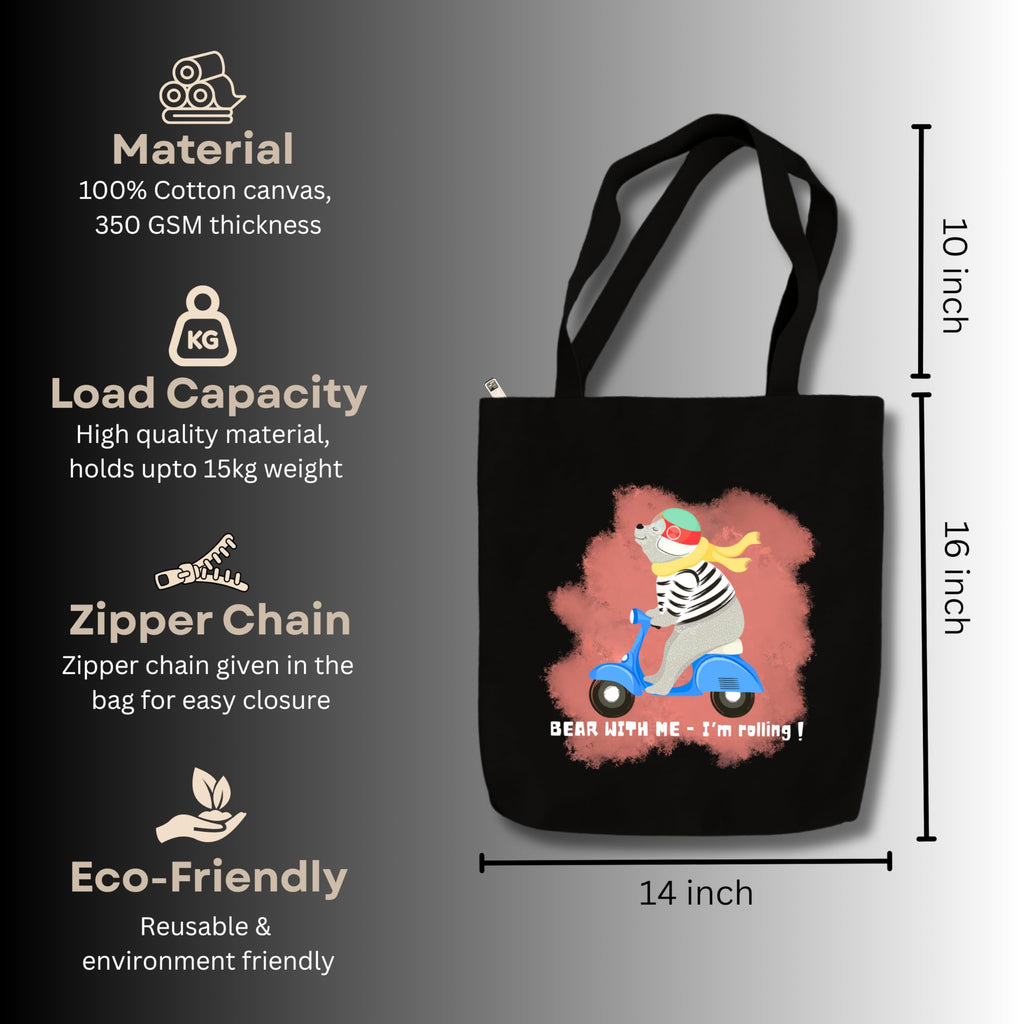 snapiq Cotton Canvas Tote Bag for Women and Girls 350 GSM Thick Fabric with Zipper | Black