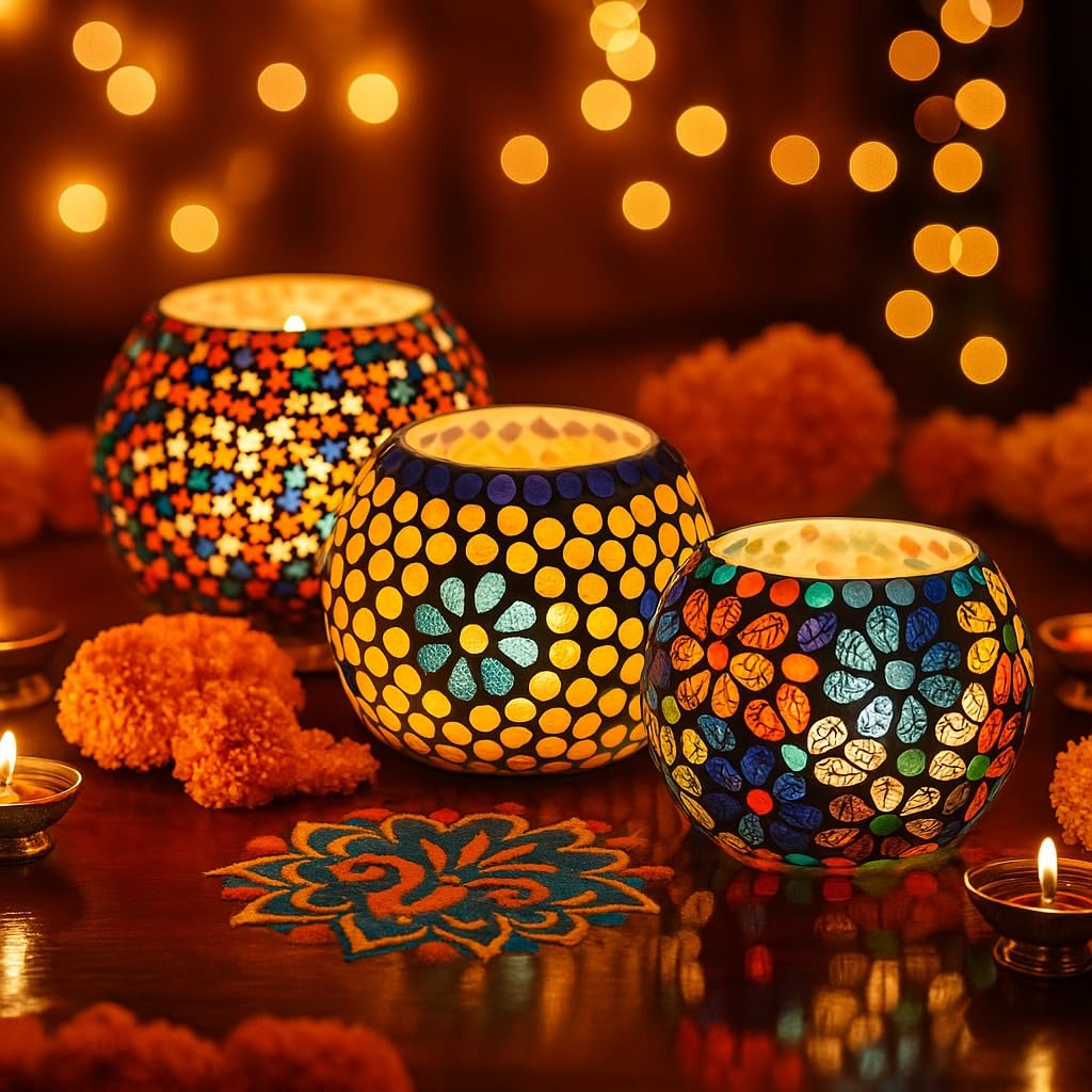 BRAHMZ® Set Of 3 Handmade Glass Mosaic Turkish Moroccan Tea Light Candle Holders (Md7)
