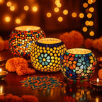 BRAHMZ® Set Of 3 Handmade Glass Mosaic Turkish Moroccan Tea Light Candle Holders (Md7)